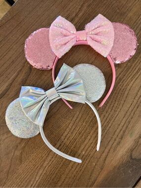 Pink and Silver Sequin Mouse Ear Headbands with Bow - Women's Accessory